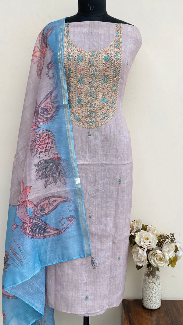 Designer Embroidered Suit Length 3 Piece Beige Linen With Sequence Work