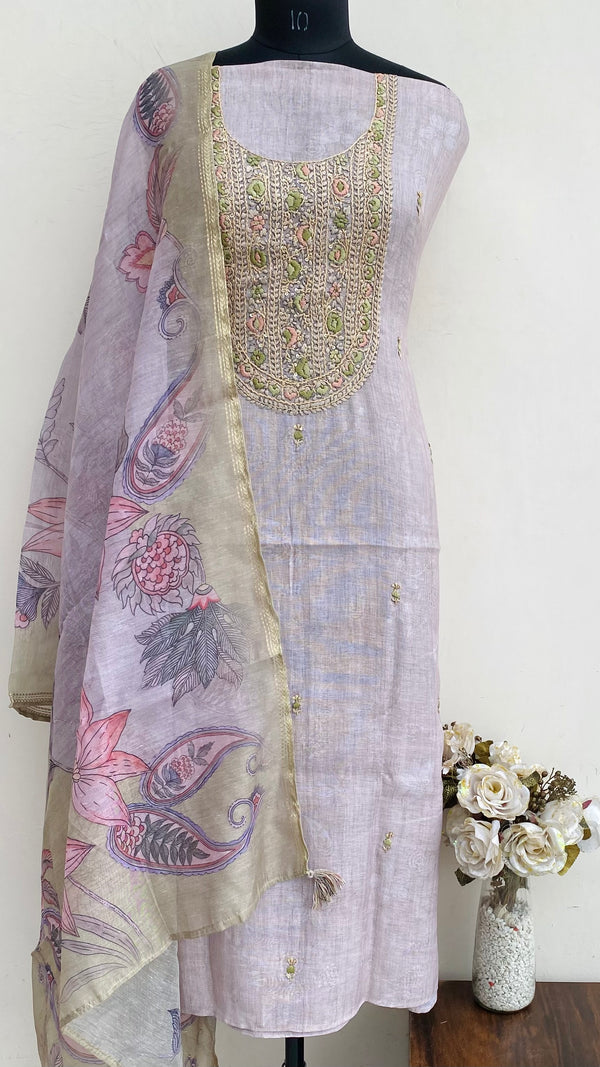 Designer Embroidered Suit Length 3 Piece Beige Linen With Sequence Work