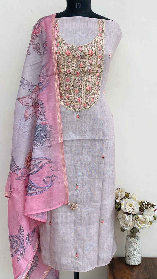 Designer Embroidered Suit Length 3 Piece Beige Linen With Sequence Work
