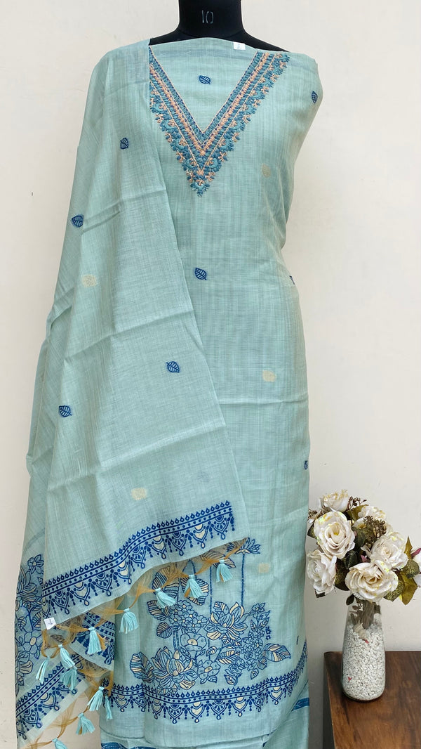 Designer Embroidered Suit Length 3 Piece Green Linen With Sequence Work