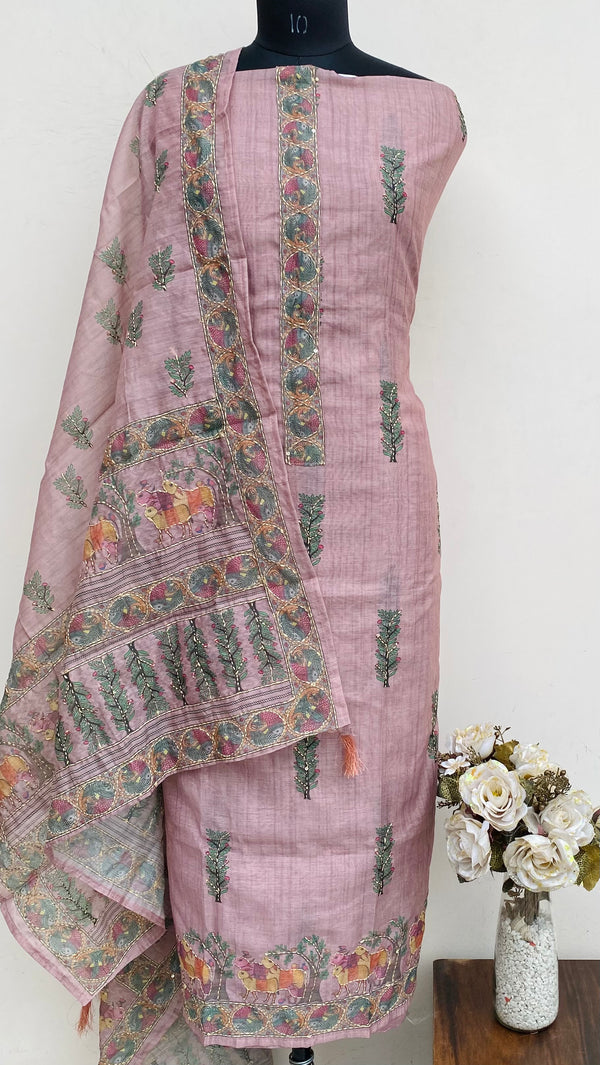 Designer Embroidered Suit Length 3 Piece Onion Pink Linen