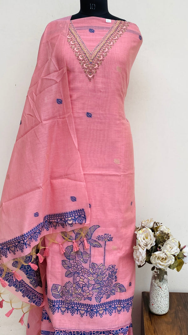 Designer Embroidered Suit Length 3 Piece Pink Linen With Sequence Work