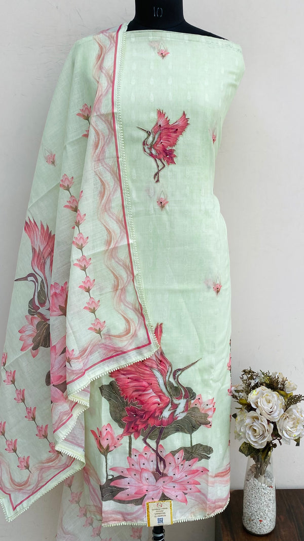 Designer Embroidered Suit Length 3 Piece Pista Green Linen With Sequence, Cutdana & Pearl Work