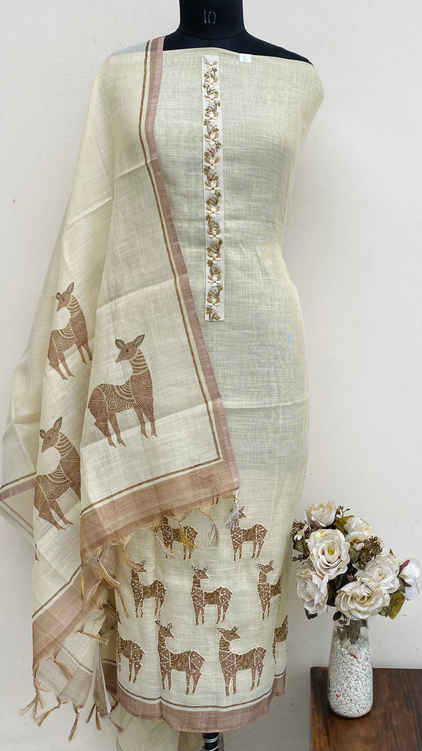 Designer Embroidered Suit Length 3 Piece Cream Linen With Cutdana Work