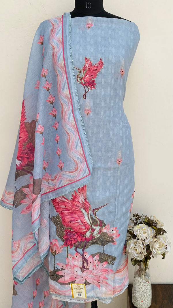 Designer Embroidered Suit Length 3 Piece Gray Linen With Sequence, Cutdana & Pearl  Work