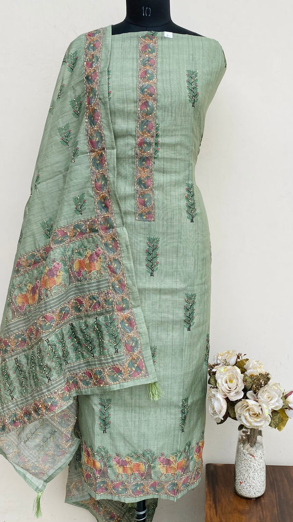 Designer Embroidered Suit Length 3 Piece Green Linen
