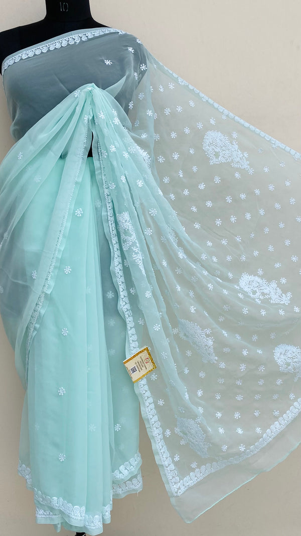 Lucknowi Chikankari Saree Sea Green Georgette With Jaali Work