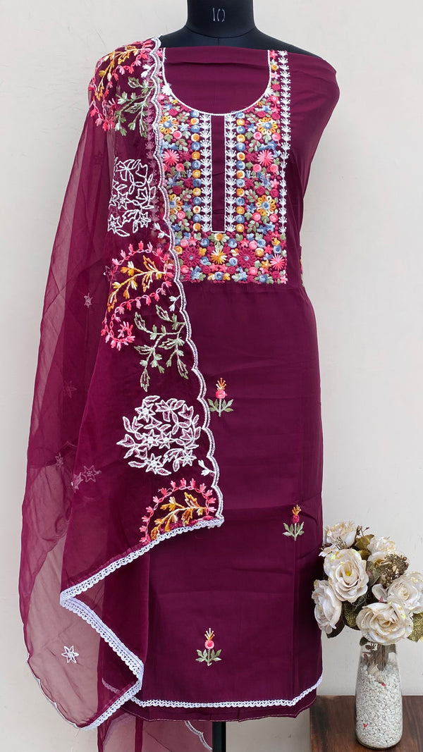 Designer Embroidered Suit Length 3 Piece Wine Mal Cotton With Parsi Work