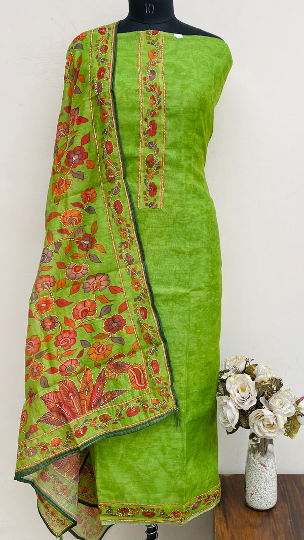 Designer Embroidered Suit Length 3 Piece Green Linen