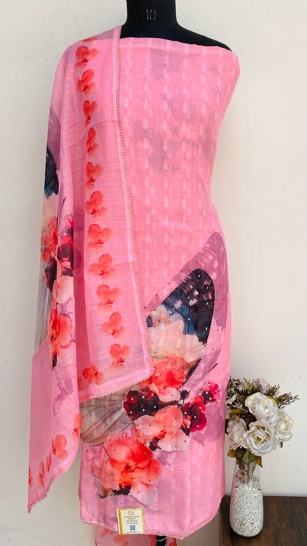 Designer Embroidered Suit Length 3 Piece Pink Linen With Cutdana & Pearl Work