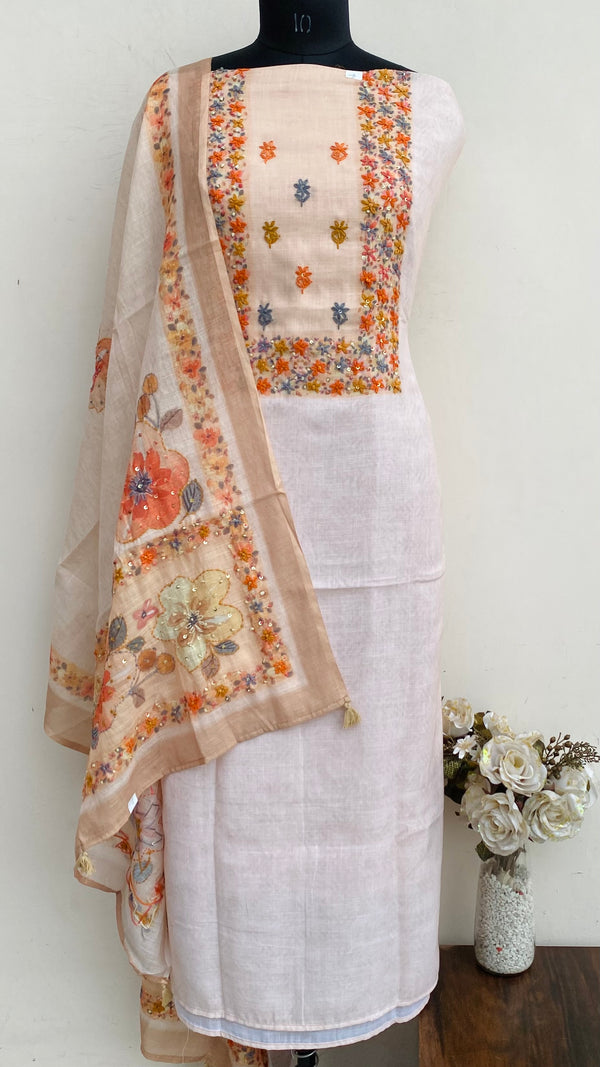 Designer Embroidered Suit Length 3 Piece Cream Linen With Sequence Work
