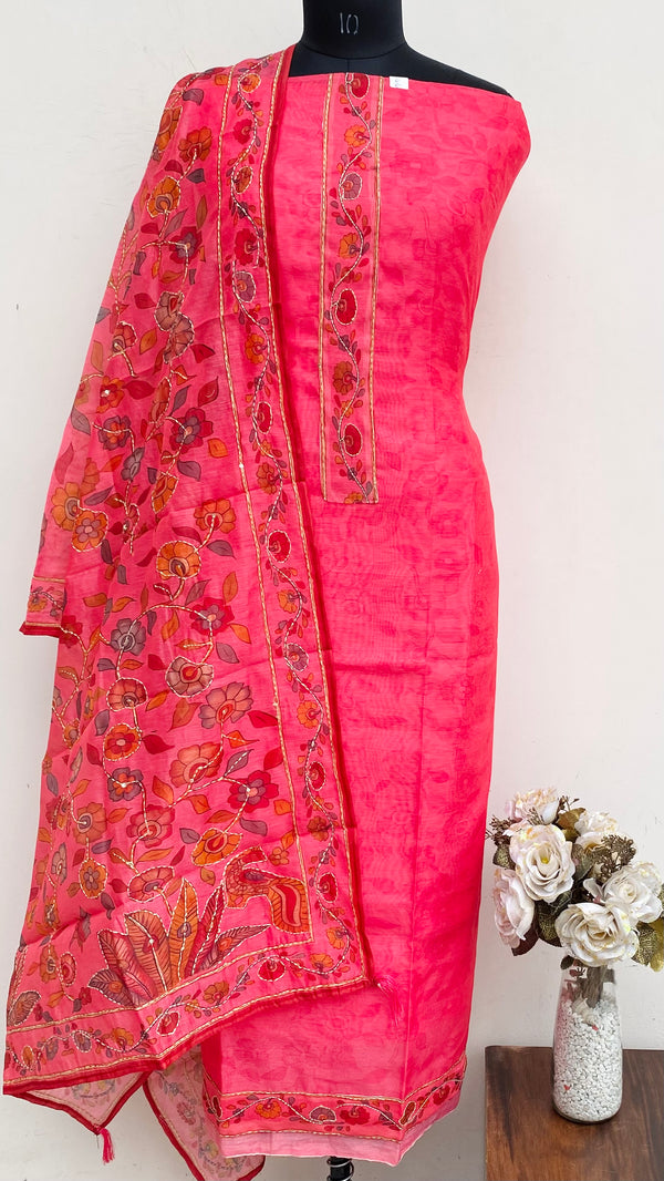 Designer Embroidered Suit Length 3 Piece Pink Linen