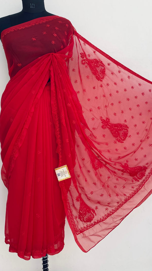 Lucknowi Chikankari Saree Red Georgette With Jaali Work