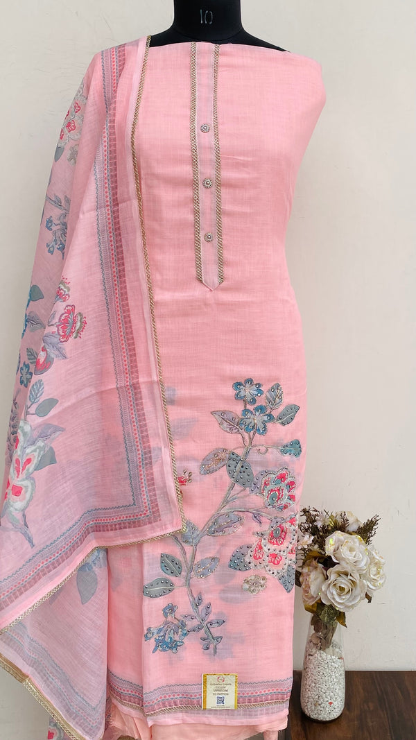 Designer Embroidered Suit Length 3 Piece Pink Linen With Stone Work