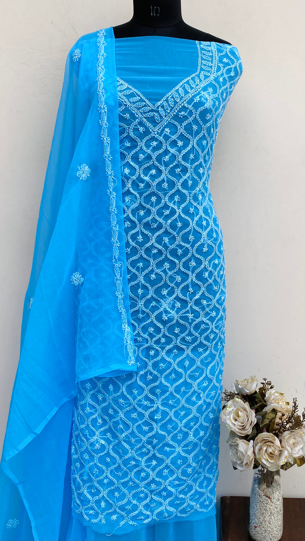 Lucknowi Chikankari Suit Length 3 Piece Blue Georgette