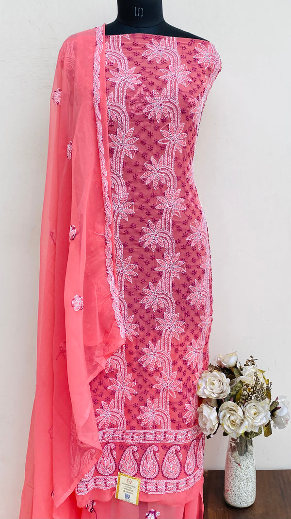 Lucknowi Chikankari Suit Length 3 Piece Gajri Georgette