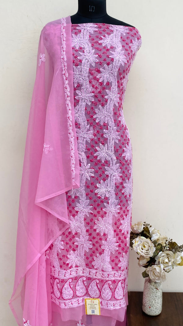 Lucknowi Chikankari Suit Length 3 Piece Pink Georgette