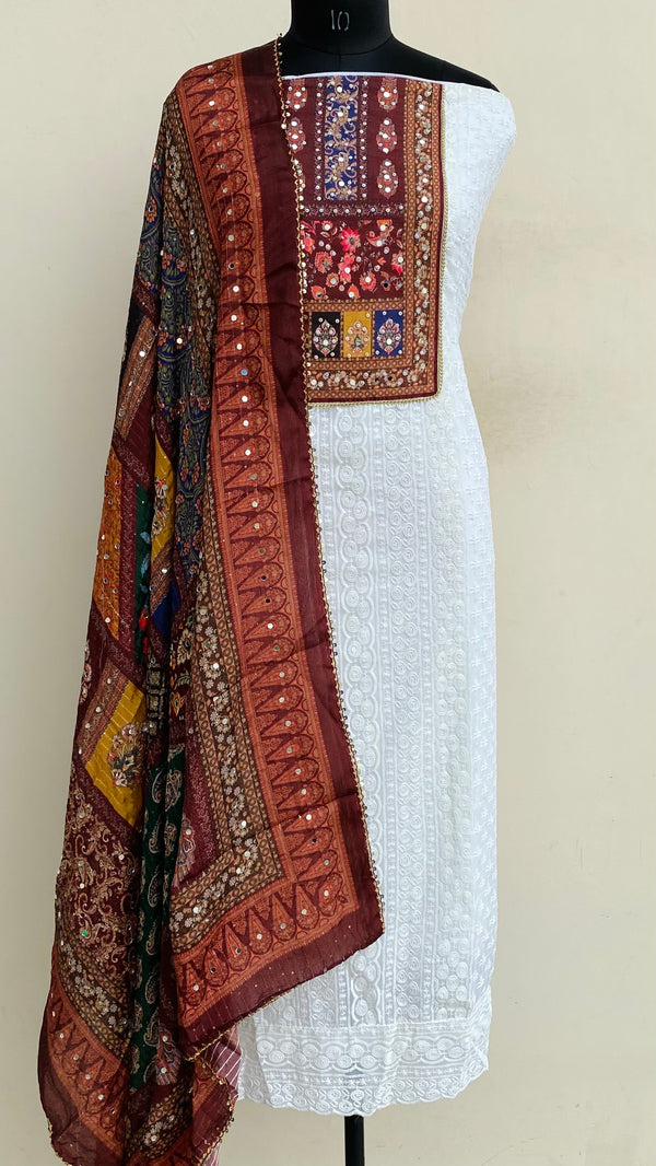 Chikankari Suit Length 3 Piece White Georgette With Mirror Work