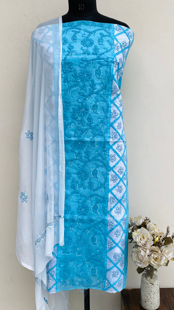 Lucknowi Chikankari Suit Length 3 Piece Blue Cotton
