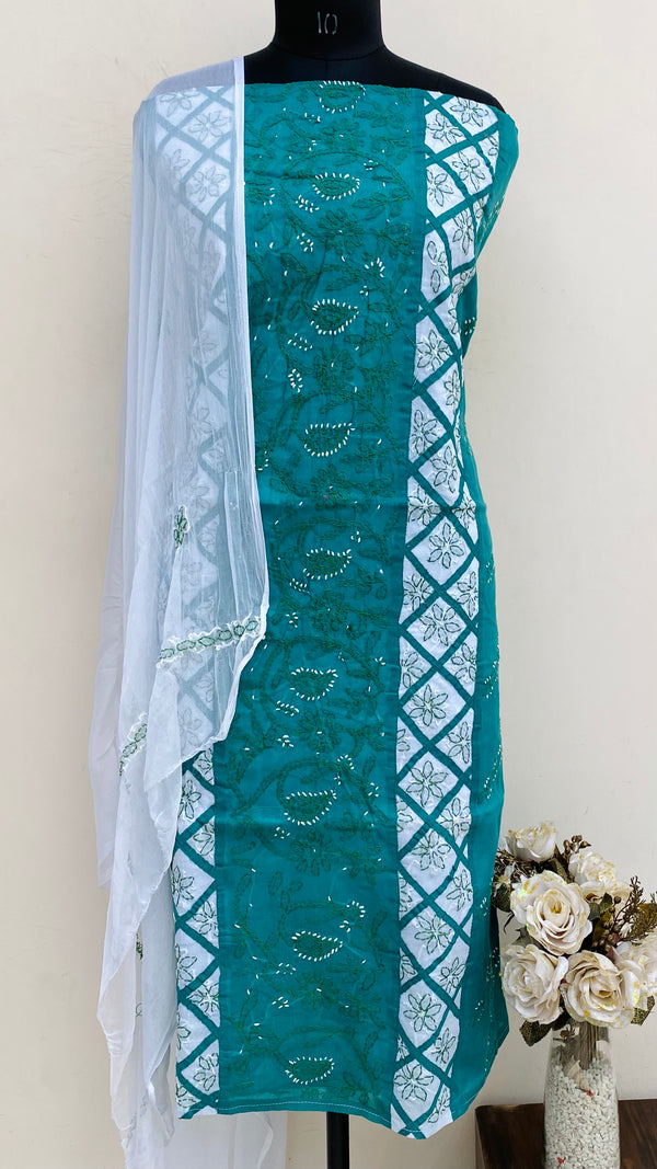 Lucknowi Chikankari Suit Length 3 Piece Green Cotton