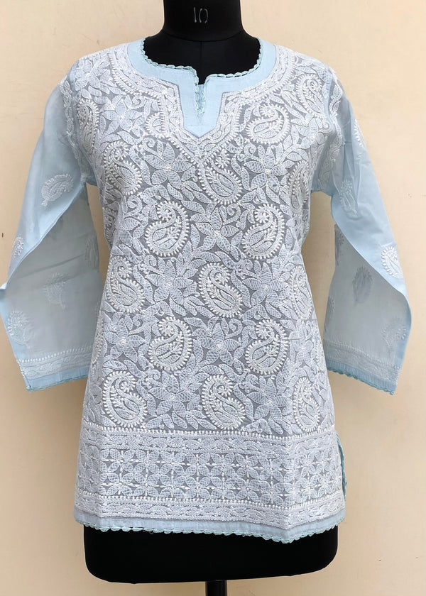 Lucknowi Chikankari Short Kurti Powder Blue Cotton