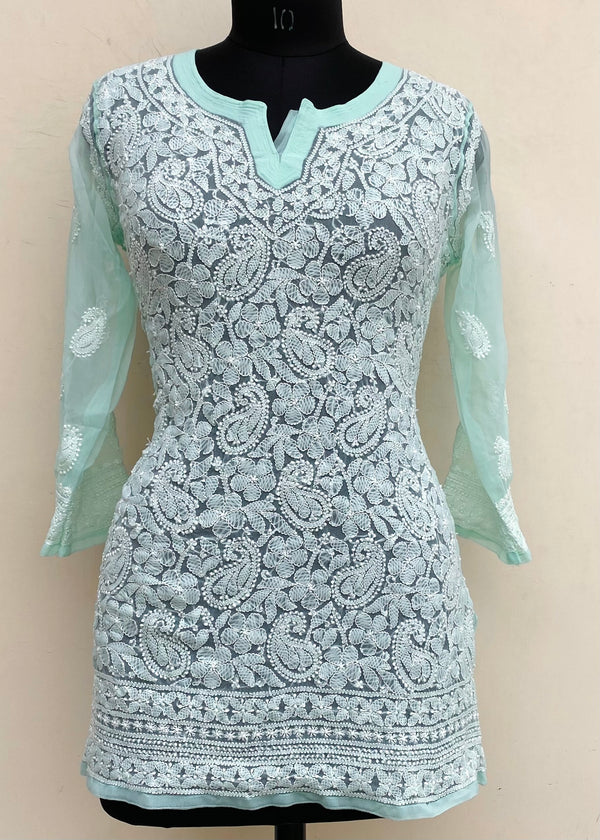 Lucknowi Chikankari Short Kurti Sea Green Georgette
