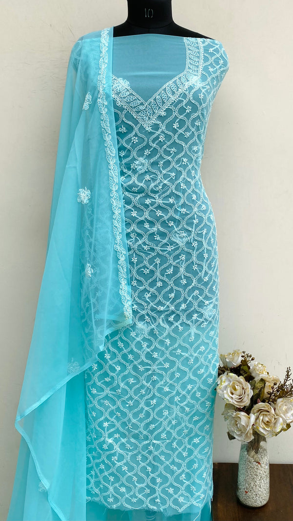 Lucknowi Chikankari Suit Length 3 Piece Blue Georgette