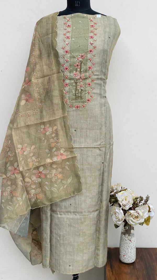 Designer Embroidered Suit Length 3 Piece Green Tissue With Cutdana ,Pearl & Sequence Work
