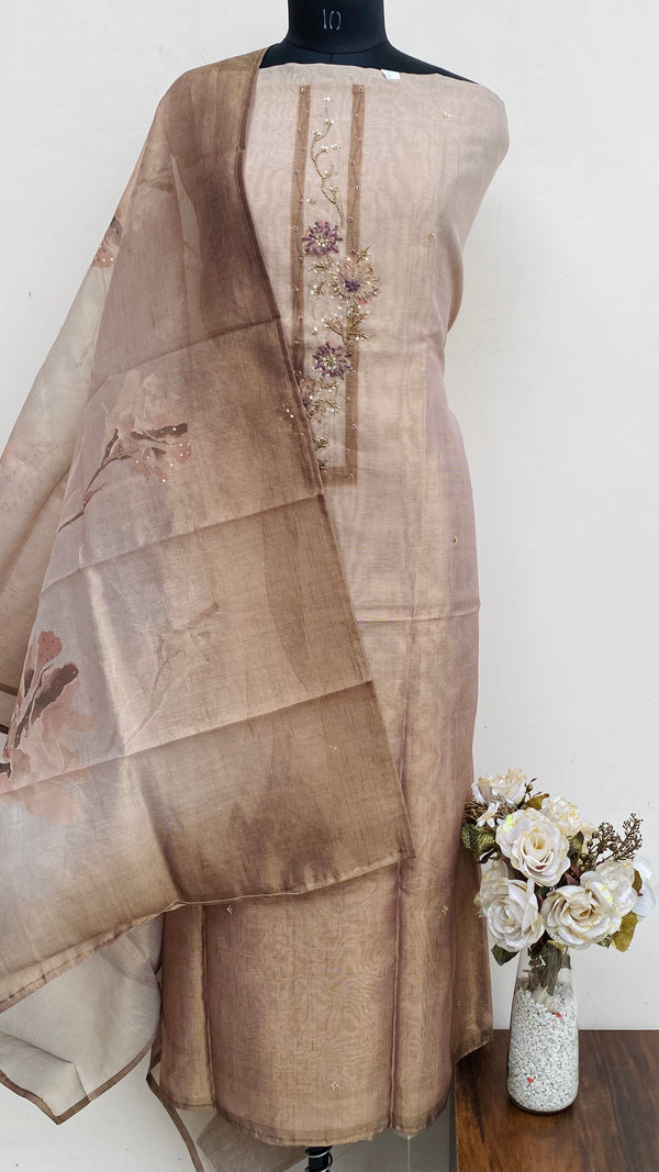 Designer Embroidered Suit Length 3 Piece Beige Tissue With Cutdana & Sequence Work