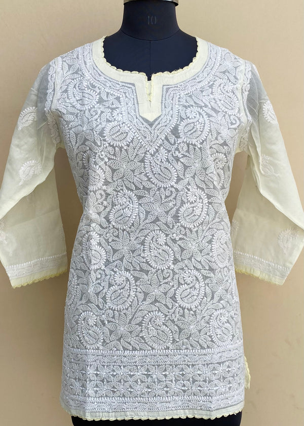 Lucknowi Chikankari Short Kurti Lemon Yellow Cotton