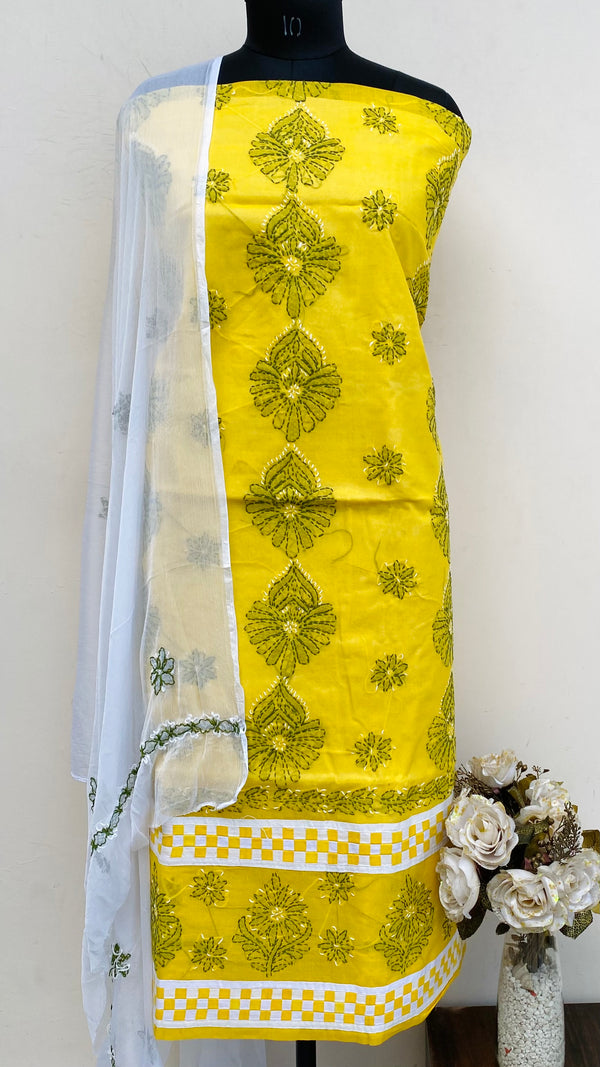 Lucknowi Chikankari Suit Length 3 Piece Yellow Cotton