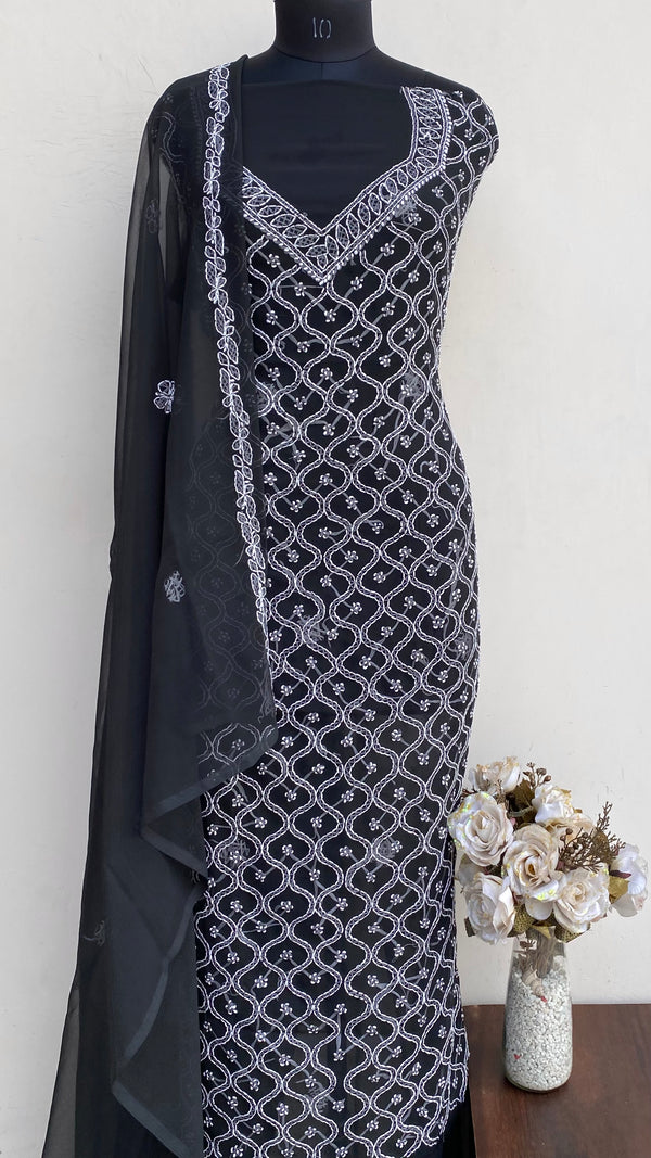 Lucknowi Chikankari Suit Length 3 Piece Black Georgette