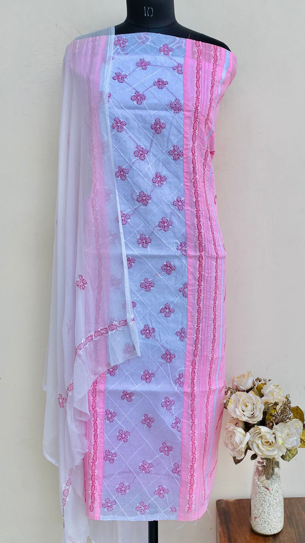 Lucknowi Chikankari Suit Length 3 Piece Pink Cotton