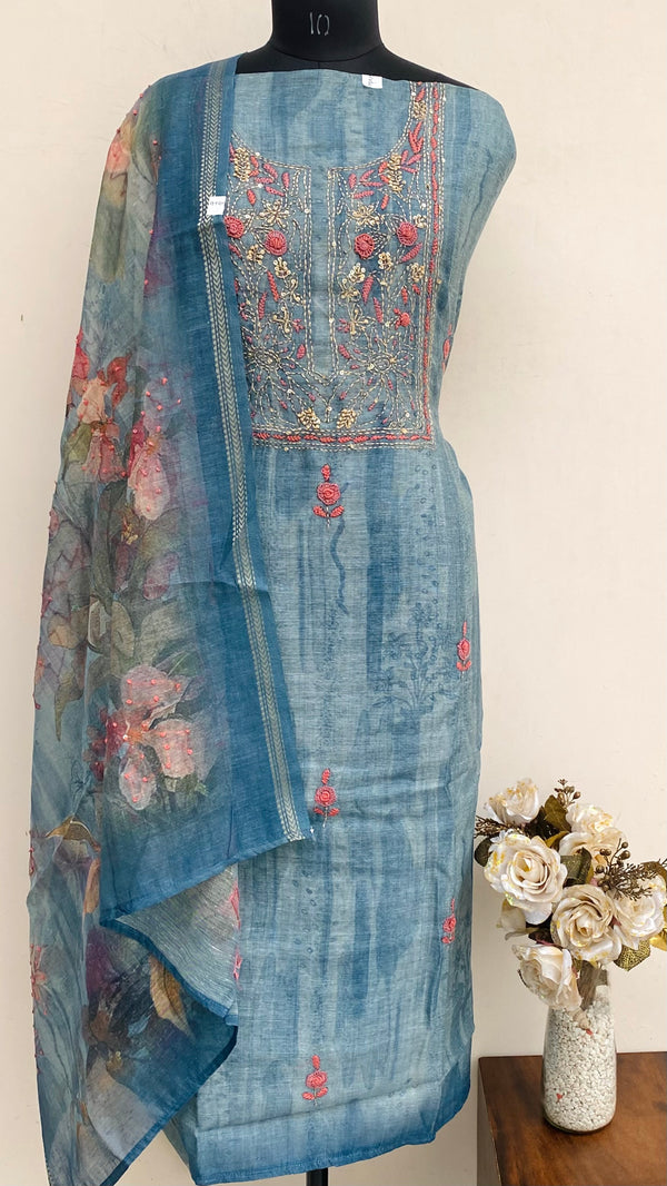 Designer Embroidered Suit Length 3 Piece Blue Linen With Sequence Work