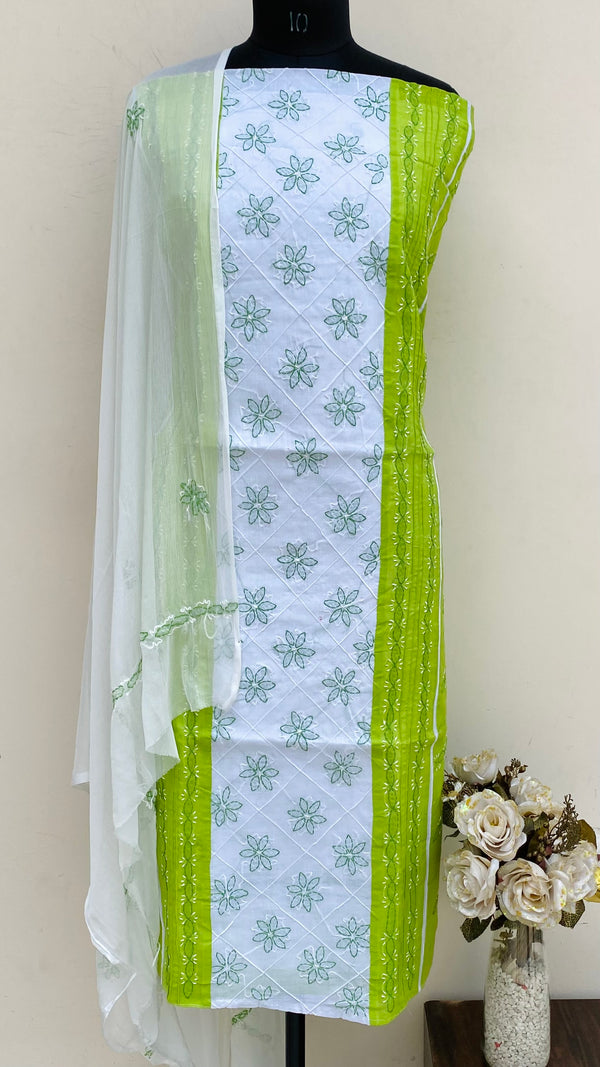 Lucknowi Chikankari Suit Length 3 Piece Parrot Green Cotton