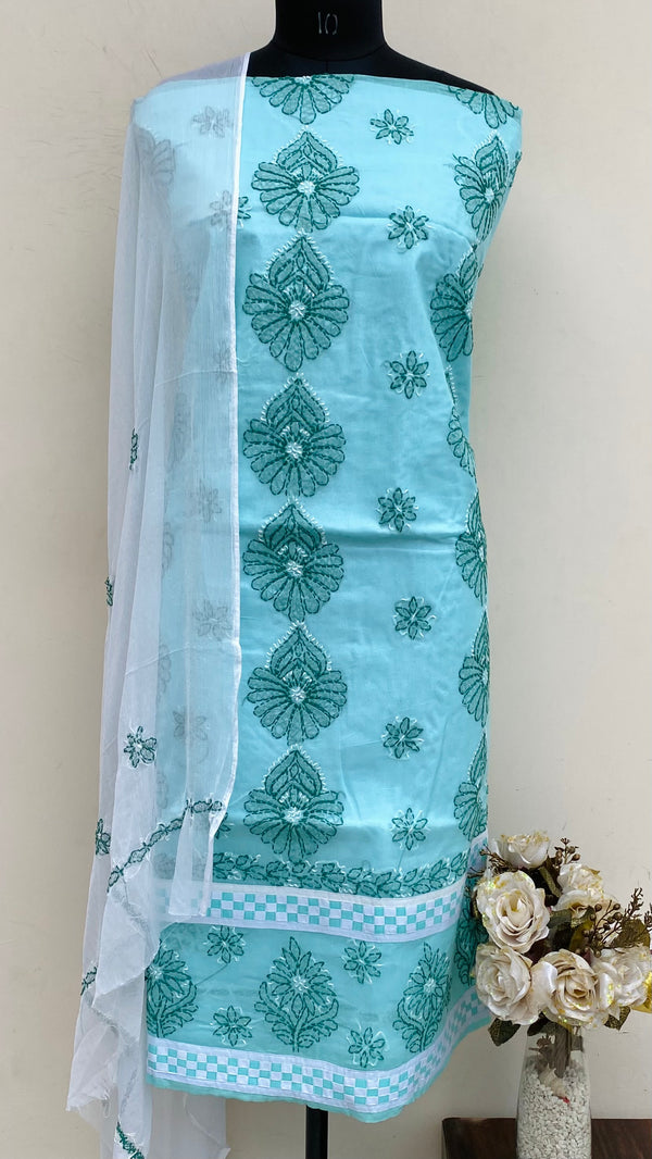 Lucknowi Chikankari Suit Length 3 Piece Sea Green Cotton