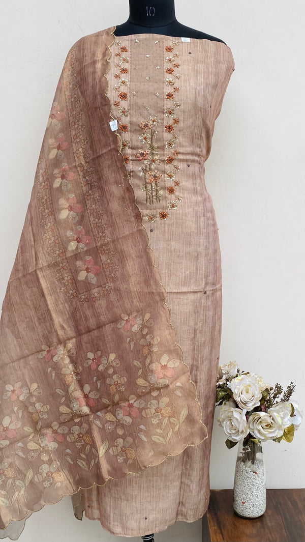 Designer Embroidered Suit Length 3 Piece Beige Tissue With Cutdana ,Pearl & Sequence Work