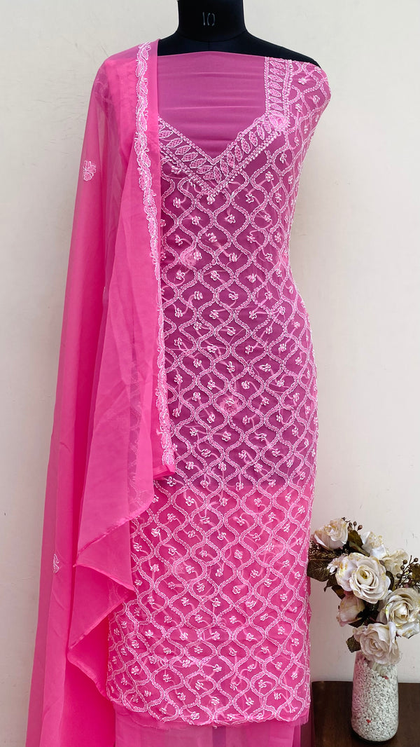 Lucknowi Chikankari Suit Length 3 Piece Pink Georgette