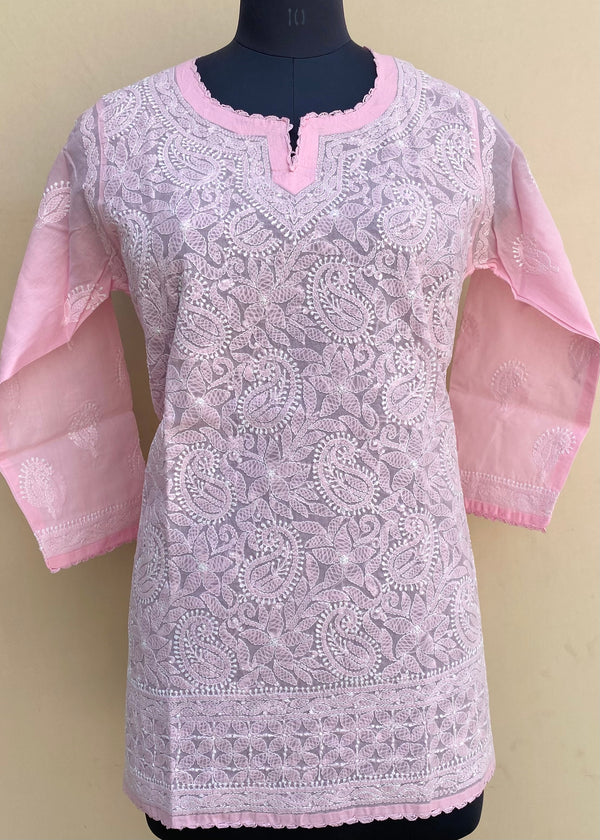 Lucknowi Chikankari Short Kurti Pink Cotton