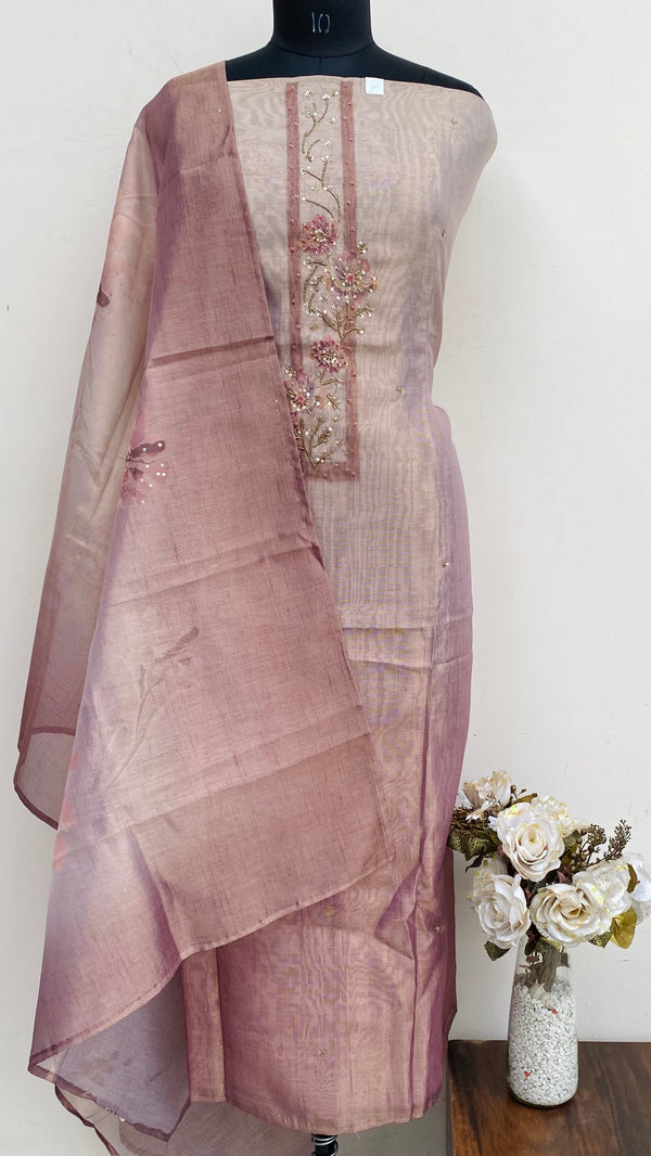 Designer Embroidered Suit Length 3 Piece Brown Tissue With Cutdana & Sequence Work