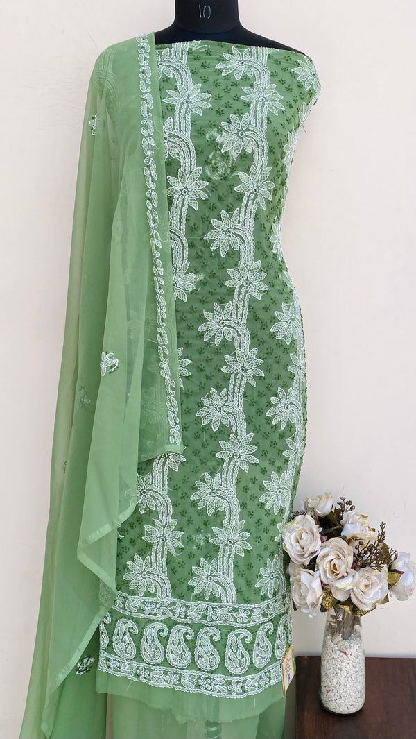 Lucknowi Chikankari Suit Length 3 Piece Green Georgette