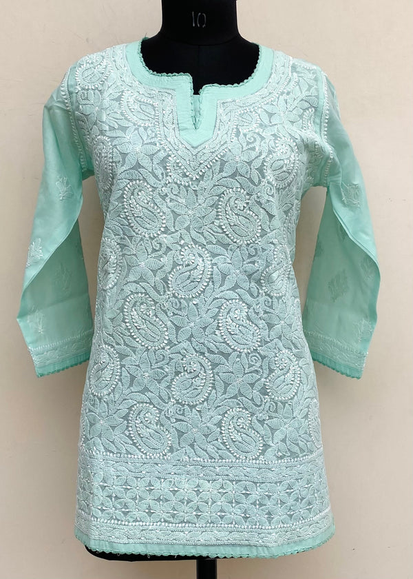 Lucknowi Chikankari Short Kurti Sea Green Cotton
