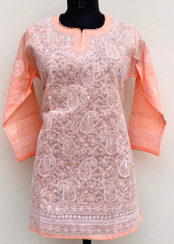 Lucknowi Chikankari Short Kurti Peach Cotton