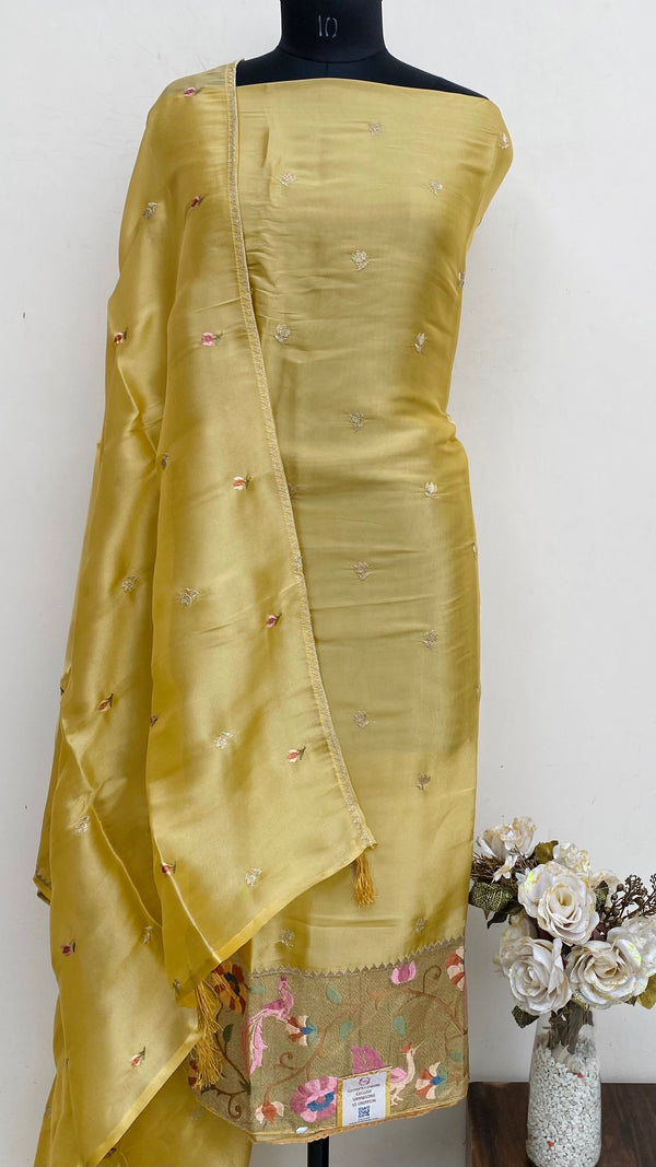 Designer Embroidered Suit Length 3 Piece Golden Tissue