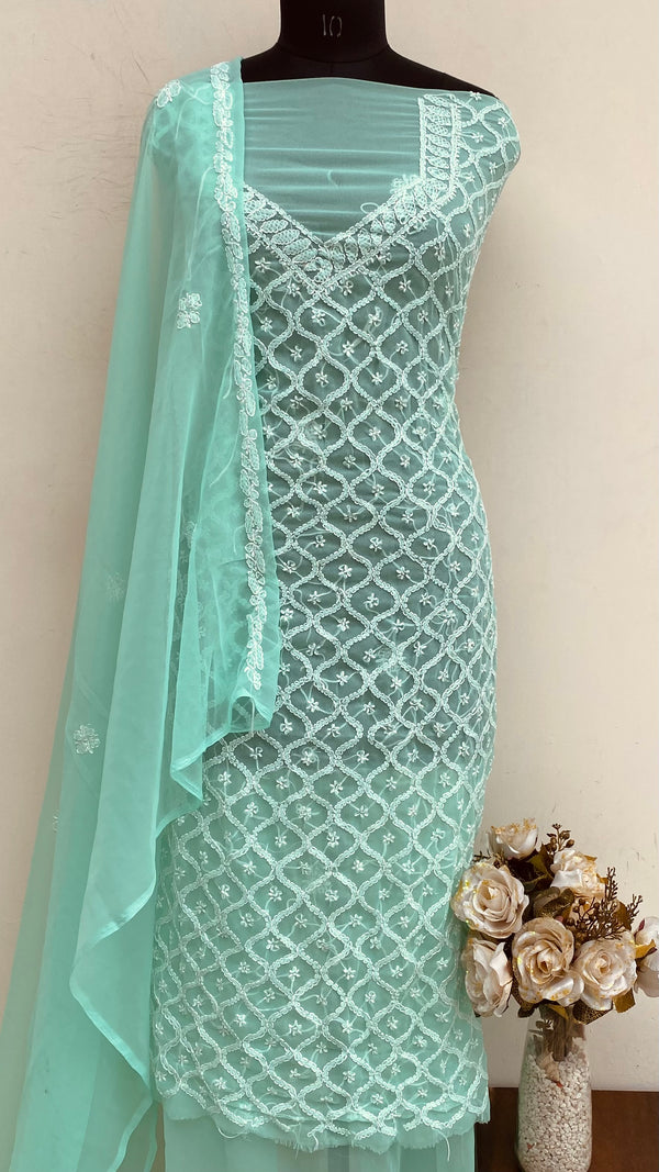 Lucknowi Chikankari Suit Length 3 Piece Sea Green Georgette