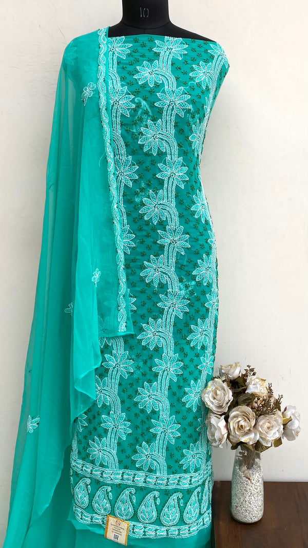 Lucknowi Chikankari Suit Length 3 Piece Sea Green Georgette