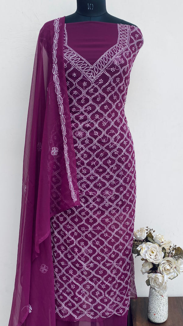 Lucknowi Chikankari Suit Length 3 Piece Wine Georgette