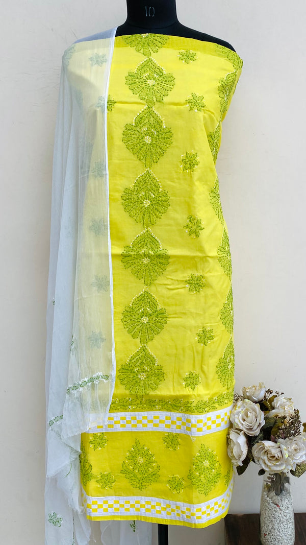 Lucknowi Chikankari Suit Length 3 Piece Yellow Cotton
