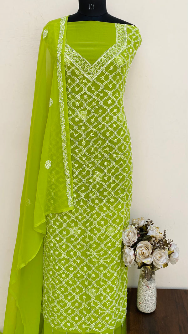 Lucknowi Chikankari Suit Length 3 Piece Parrot Green Georgette