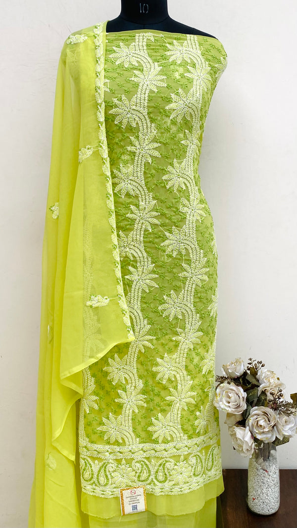 Lucknowi Chikankari Suit Length 3 Piece Yellow Georgette